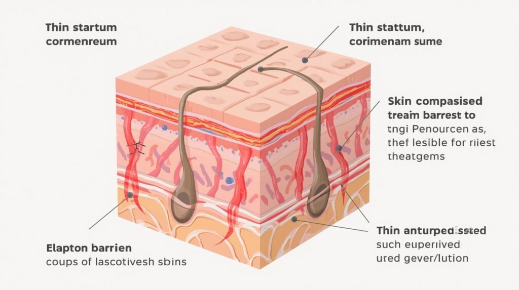 “Diagram showing a thin and weakened skin barrier that causes sensitive skin reactions.”